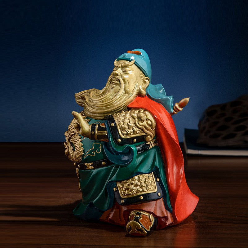 Painted brass Guan Yu Guan Gong side view with red cape dragon armour and guandao for Chinese interior decor