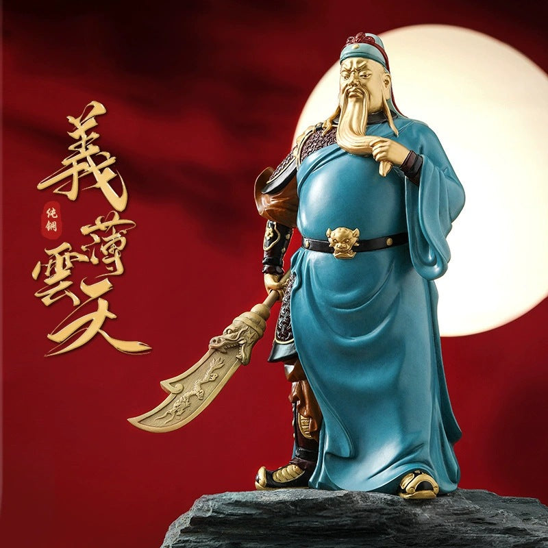 Hand-colored yellow brass Guan Yu Guan Gong Yi Bo Yun Tian martial God of Wealth sculpture with guandao