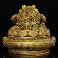 Brass Jin Chan three-legged money toad on wealth treasure bowl Chinese Feng Shui sculpture