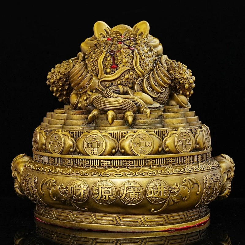 Brass Jin Chan three-legged money toad on wealth treasure bowl Chinese Feng Shui sculpture