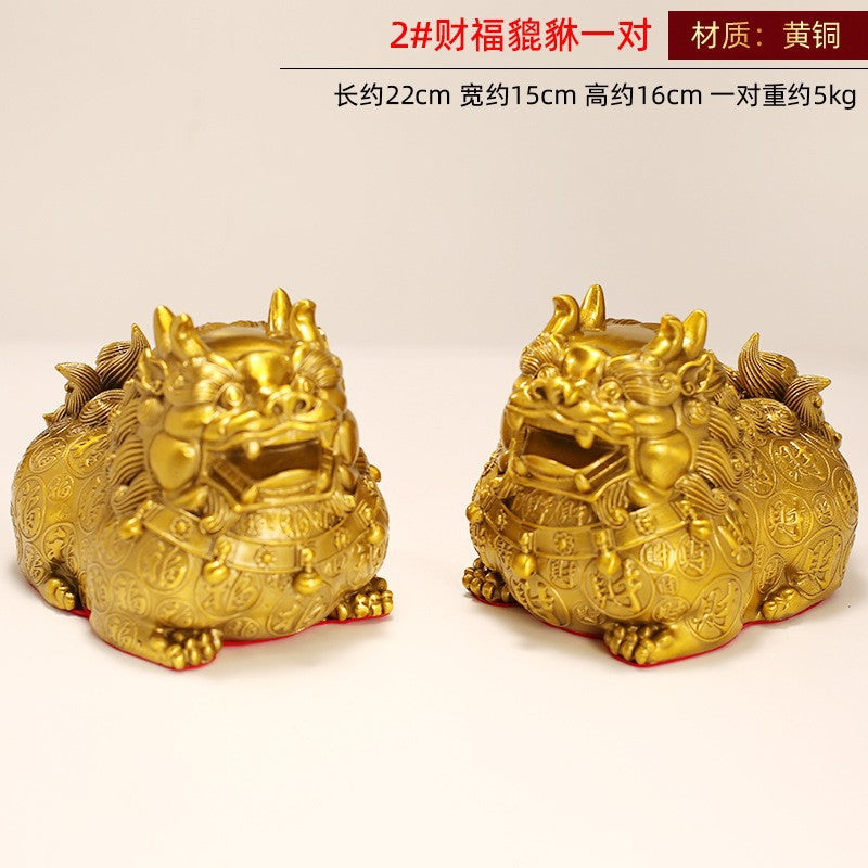 No. 2 pair of yellow brass Cai Fu Pixiu wealth beasts 22cm Chinese Feng Shui decor