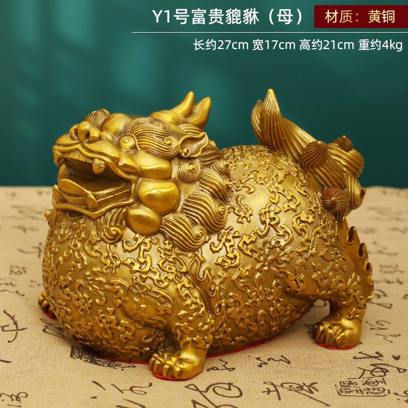 Y1 large yellow brass Fugui Pixiu female wealth beast 27cm for Chinese Feng Shui display