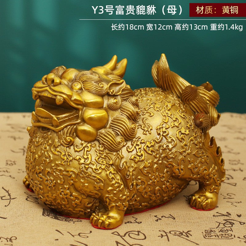 Y3 yellow brass Fugui Pixiu female wealth beast 18cm Chinese Feng Shui decor