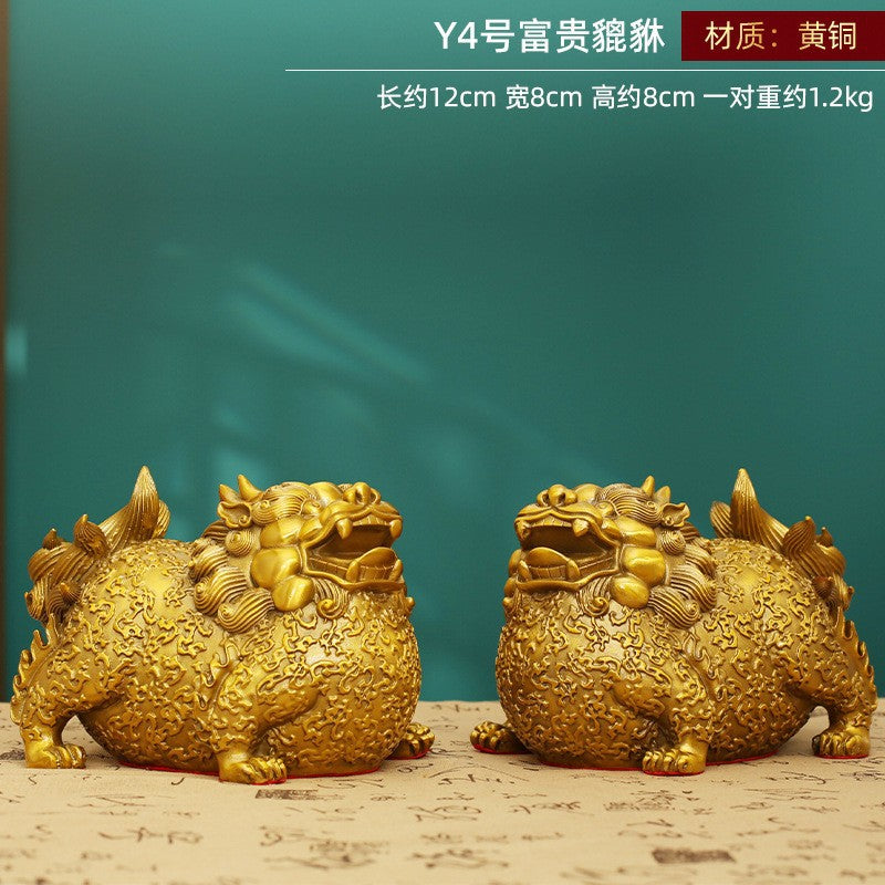 Y4 compact pair of yellow brass Fugui Pixiu wealth beasts 12cm for desk and shelf Feng Shui decor