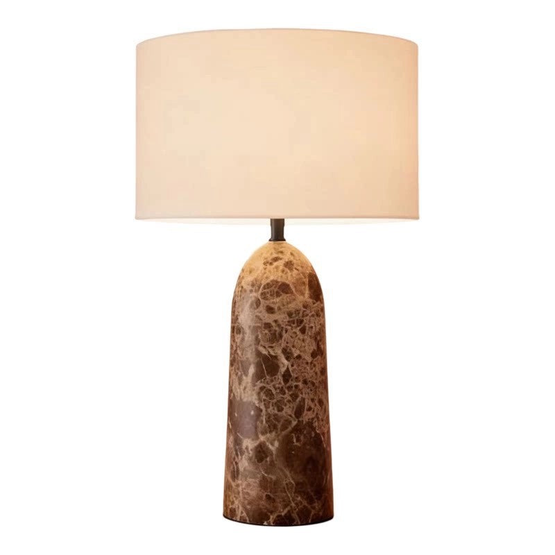 Brown natural marble bedside lamp with warm beige fabric shade front view