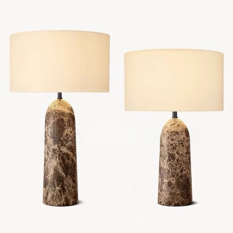 Small and large brown marble table lamp size comparison with fabric shades