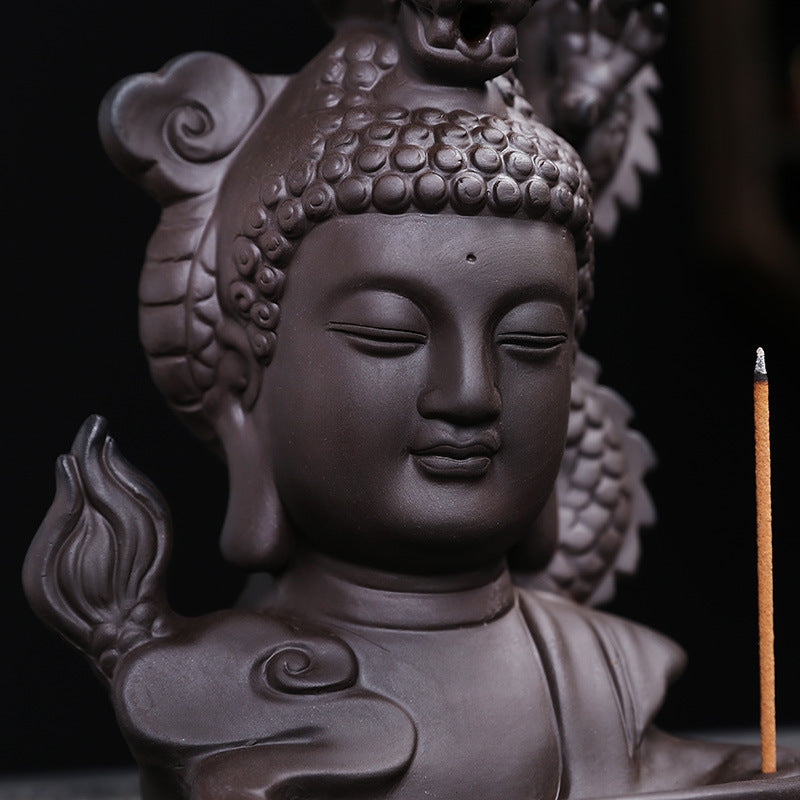 Buddha and dragon backflow incense burner with incense stick holder