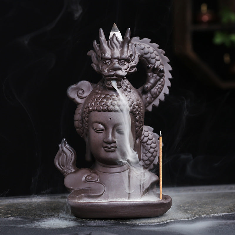 Full Buddha dragon incense burner with cascading smoke effect