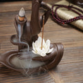 Buddha hand lotus backflow incense burner with white lotus flower and smoke waterfall