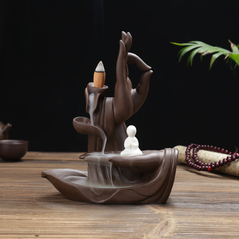 Buddha hand Quiet Mind monk backflow incense burner on boat-shaped base