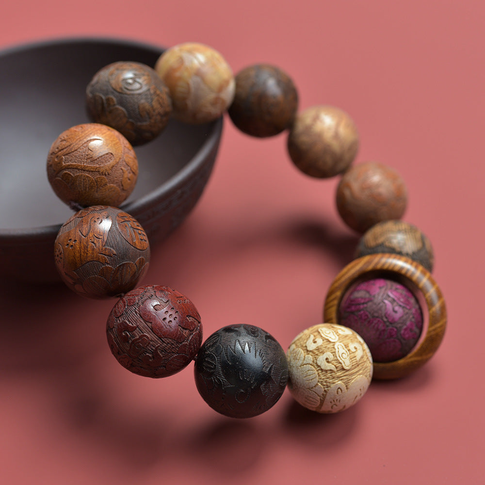 Close-up Chinese carved zodiac wenwan bracelet with oversized 20mm mixed wood-tone beads and relief patterns