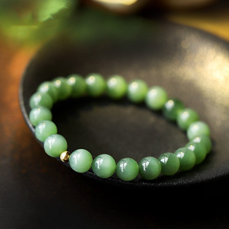 Certified natural cat-eye Biyu nephrite 9 mm round bead bracelet