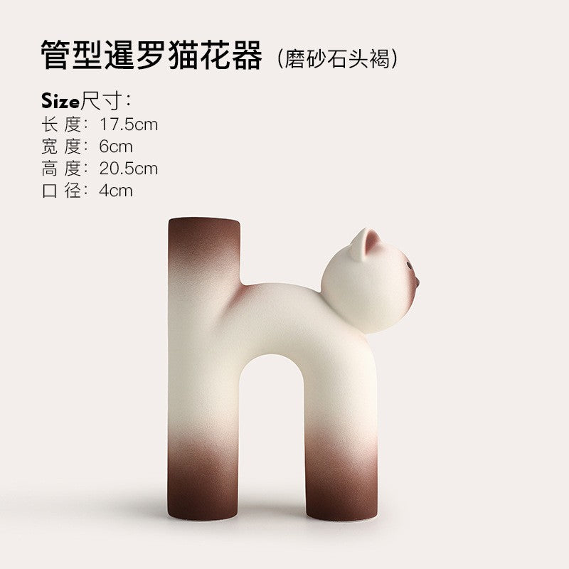 Cat shaped tube ceramic flower vase in matte neutral finish