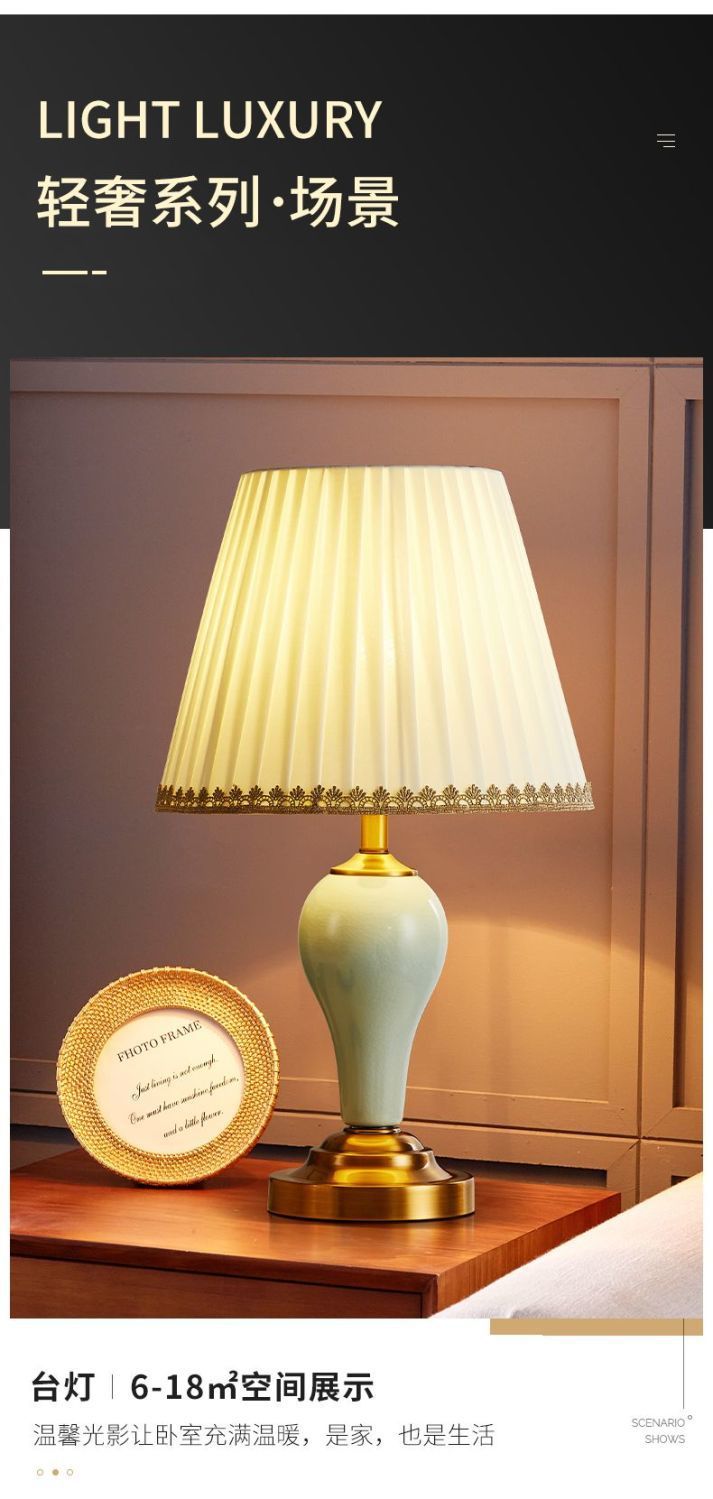 Celadon green ceramic lamp creating warm ambient bedside lighting