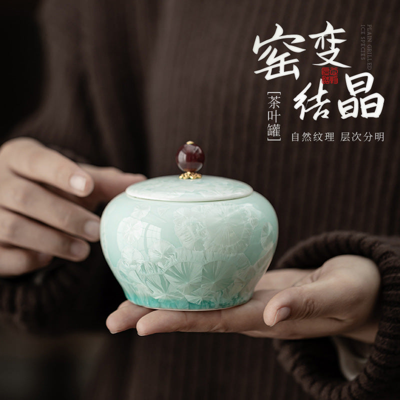 Celadon green crystalline glaze ceramic tea storage jar with gemstone lid knob