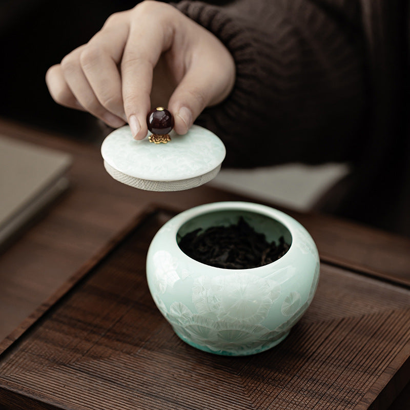 Celadon crystalline glaze ceramic tea jar with removable lid for loose-leaf tea storage