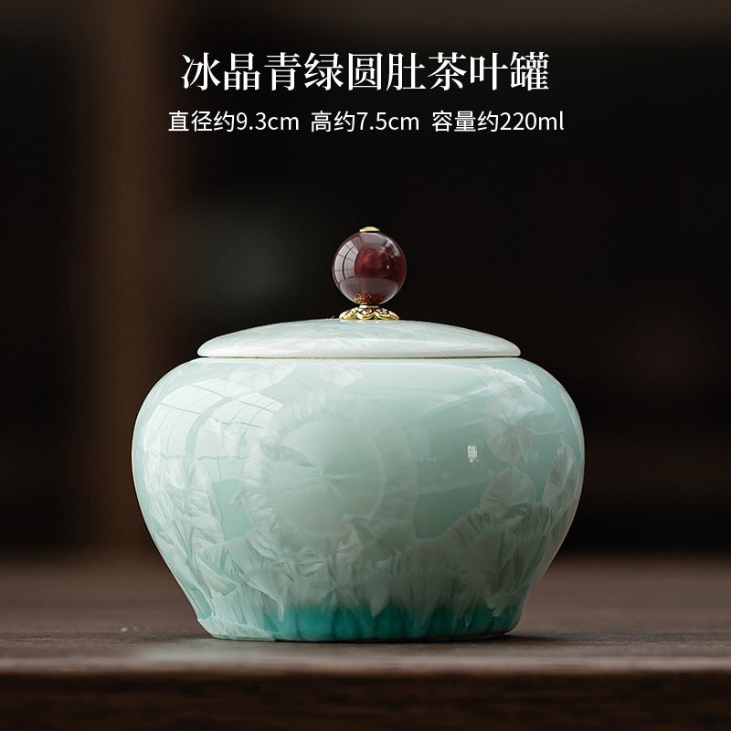 Celadon crystalline glaze round tea storage jar 220ml dimensions and presentation