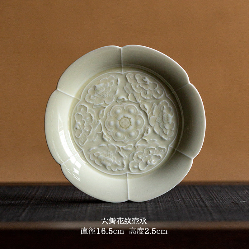 Lotus relief celadon Chinese ceramic plate