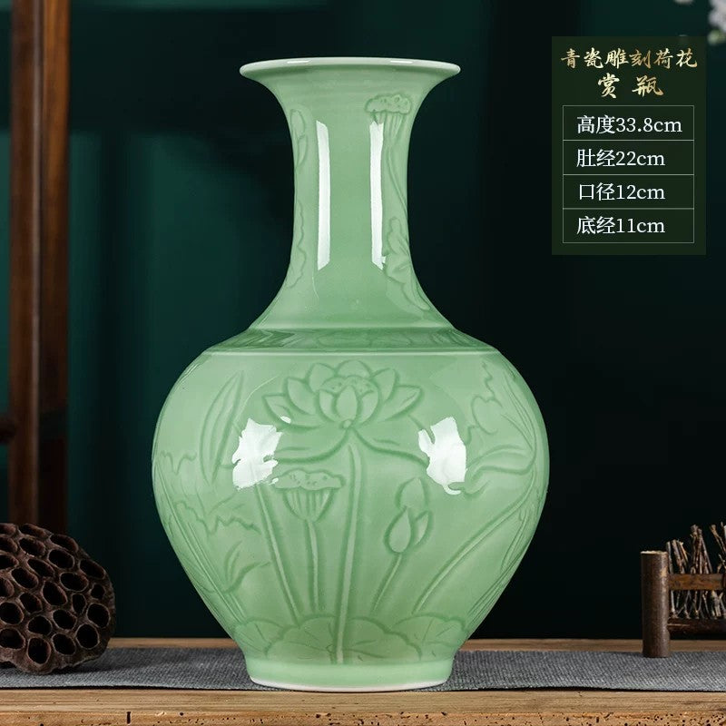 Celadon carved lotus vase dimensions and proportion detail