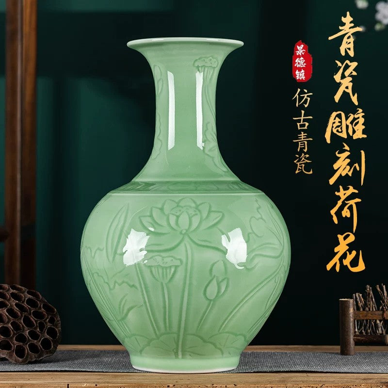 Celadon lotus vase displayed with New Chinese interior styling