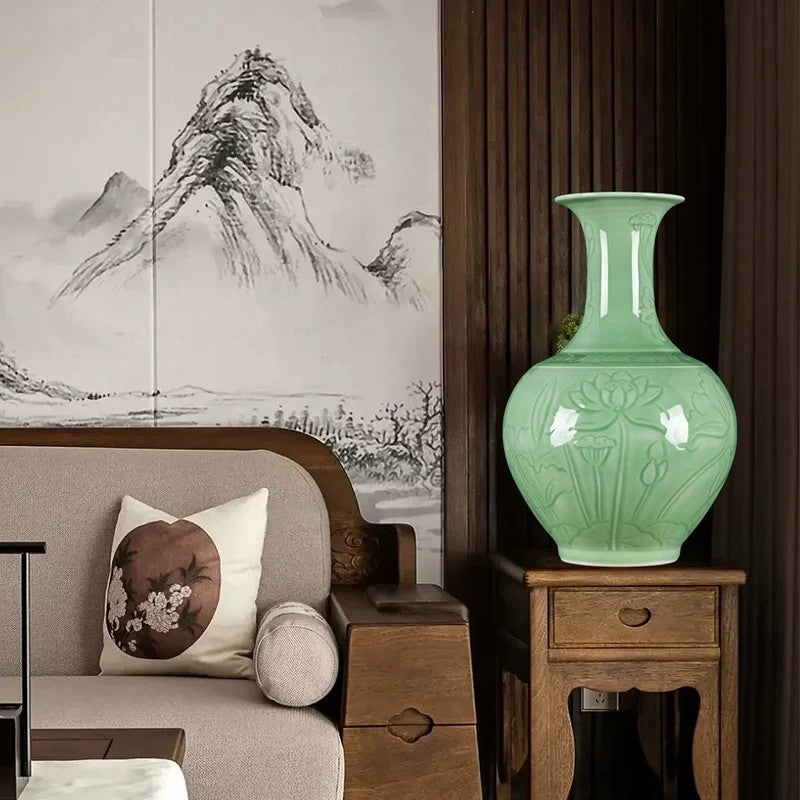 Celadon lotus vase styled in a New Chinese living room