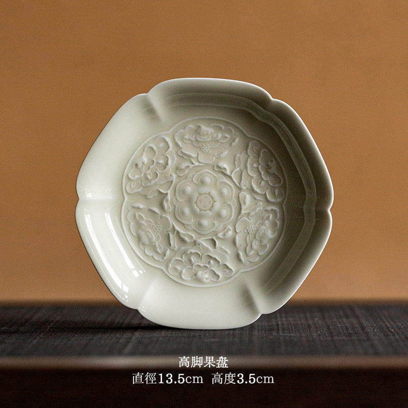 Floral relief celadon Chinese ceramic dish