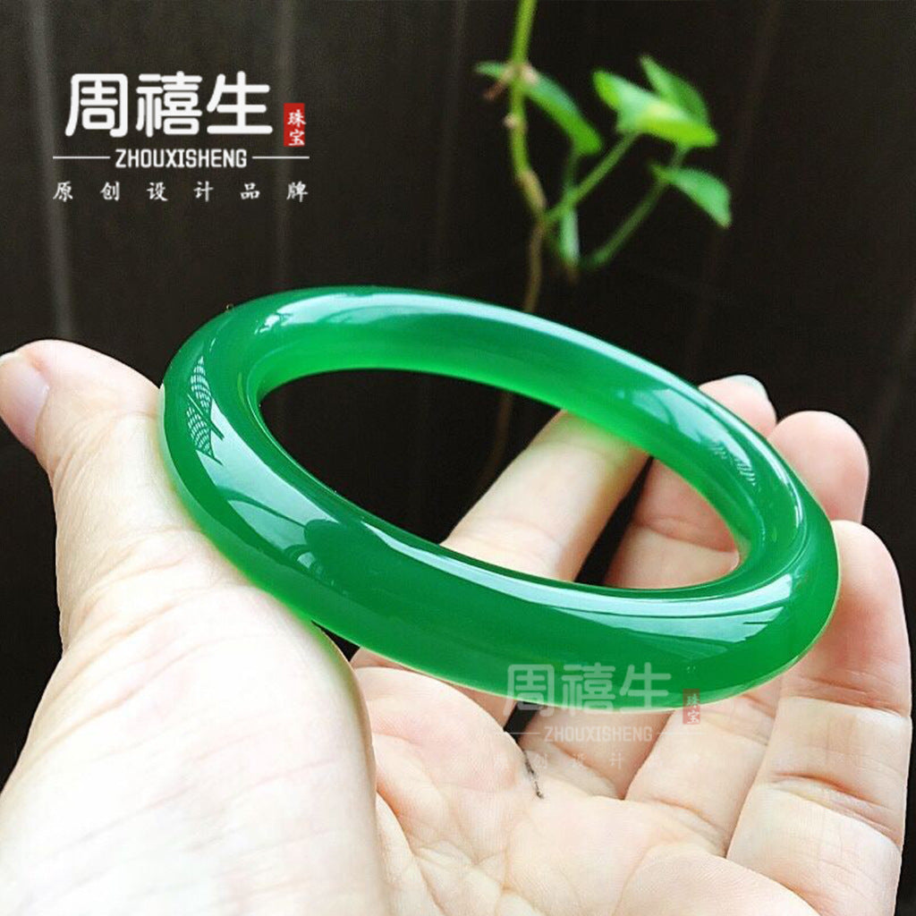 Certified green chalcedony plump round bangle with vivid polished green surface