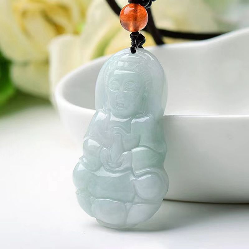 Natural pale green jade Guanyin pendant polished carving