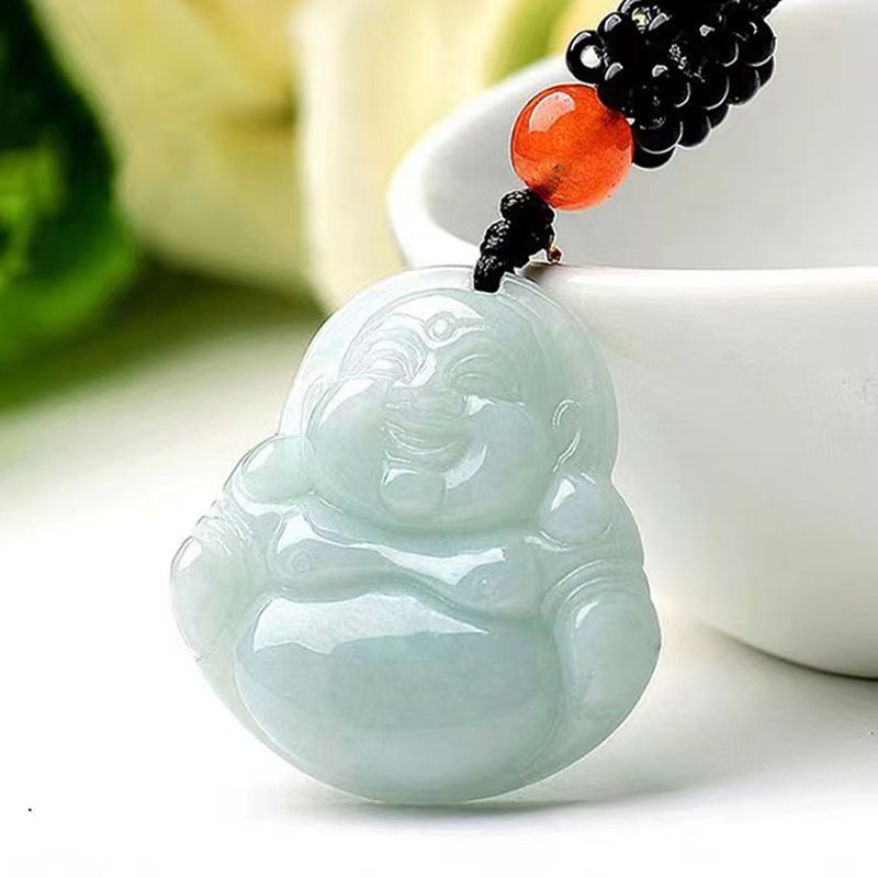 Certified pale green natural jade Laughing Buddha pendant with polished carving