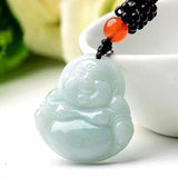 Certified Natural Pale-Green Jade Pendant – Hand-Carved Guanyin & Laughing Buddha Necklace with Certificate