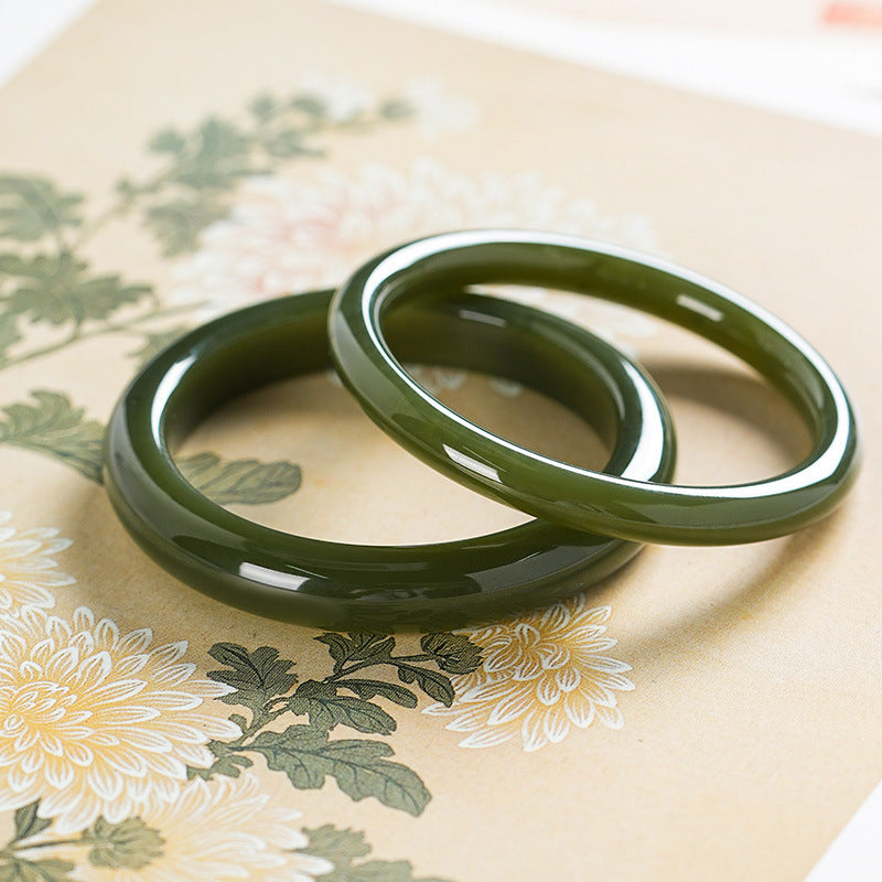 Certified natural Xinjiang Hetian jade bangles in deep lake and ink green