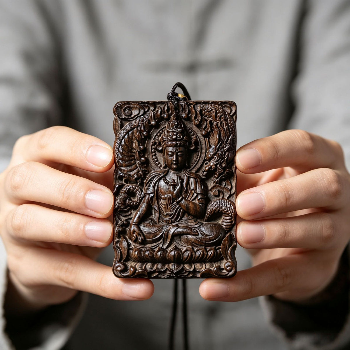 Chenxiang wood carved seated Bodhisattva pendant with dragon and lotus relief