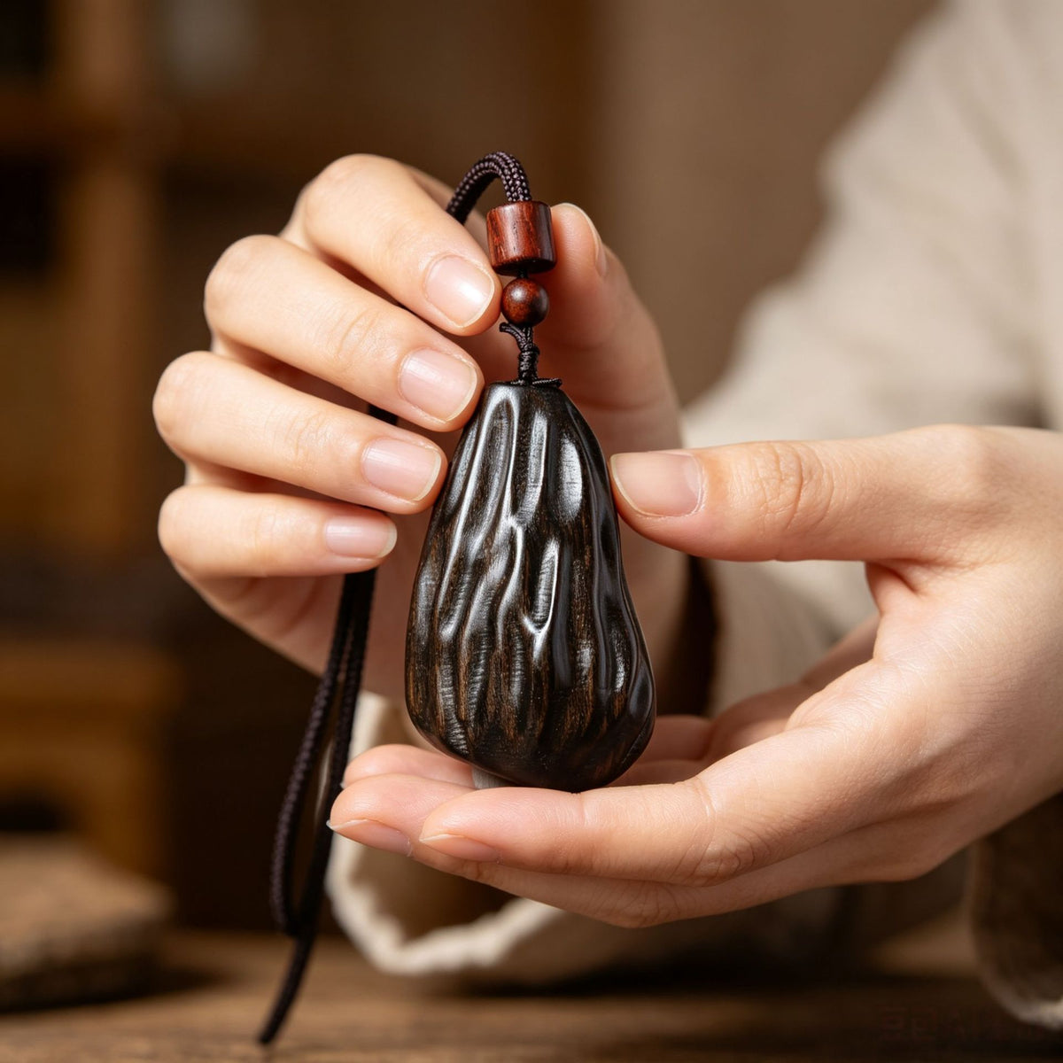 Dark polished Chenxiang wood freeform faceless Buddha inspired pendant with woven cord