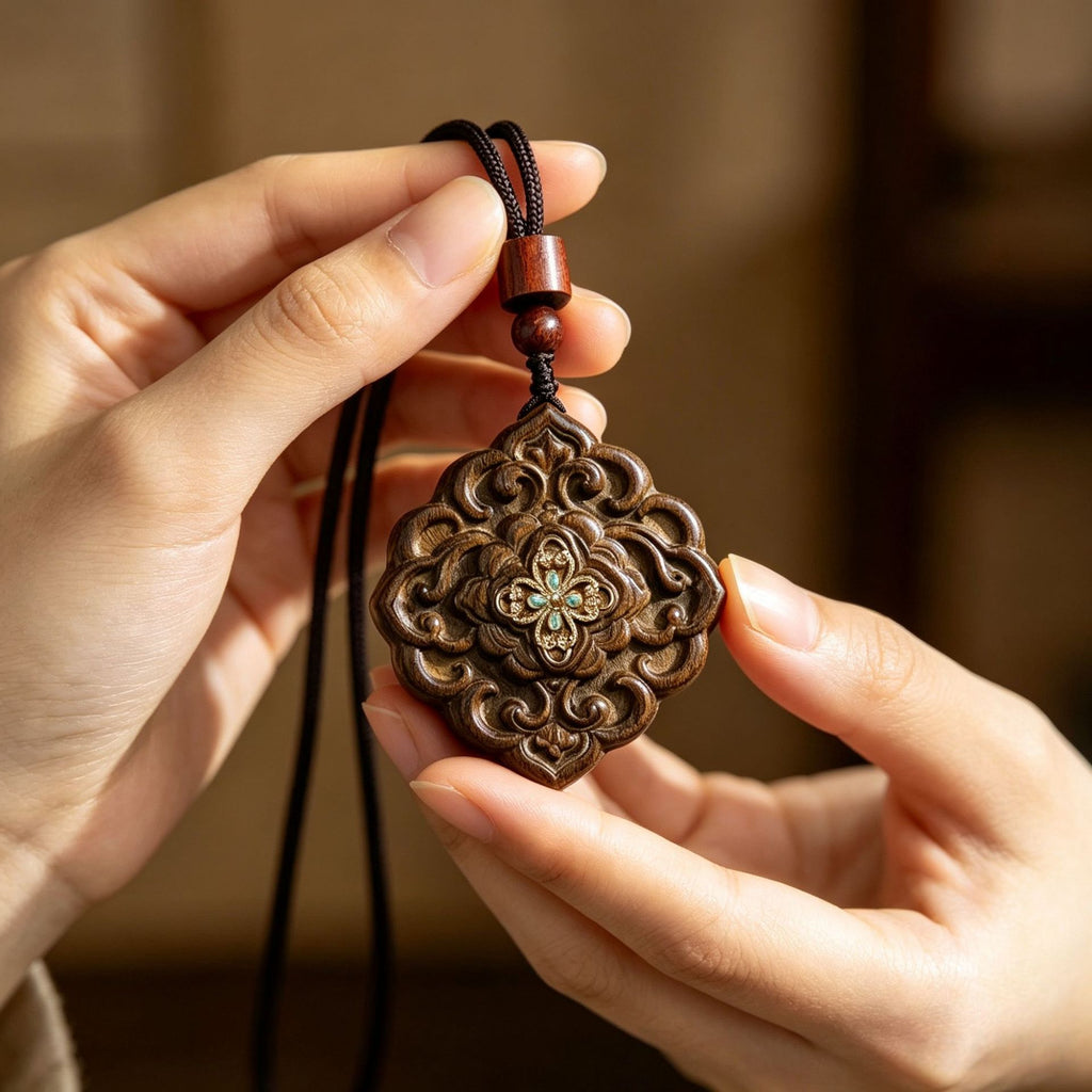 Chenxiang wood carved auspicious floral blessing pendant with turquoise-style inlay