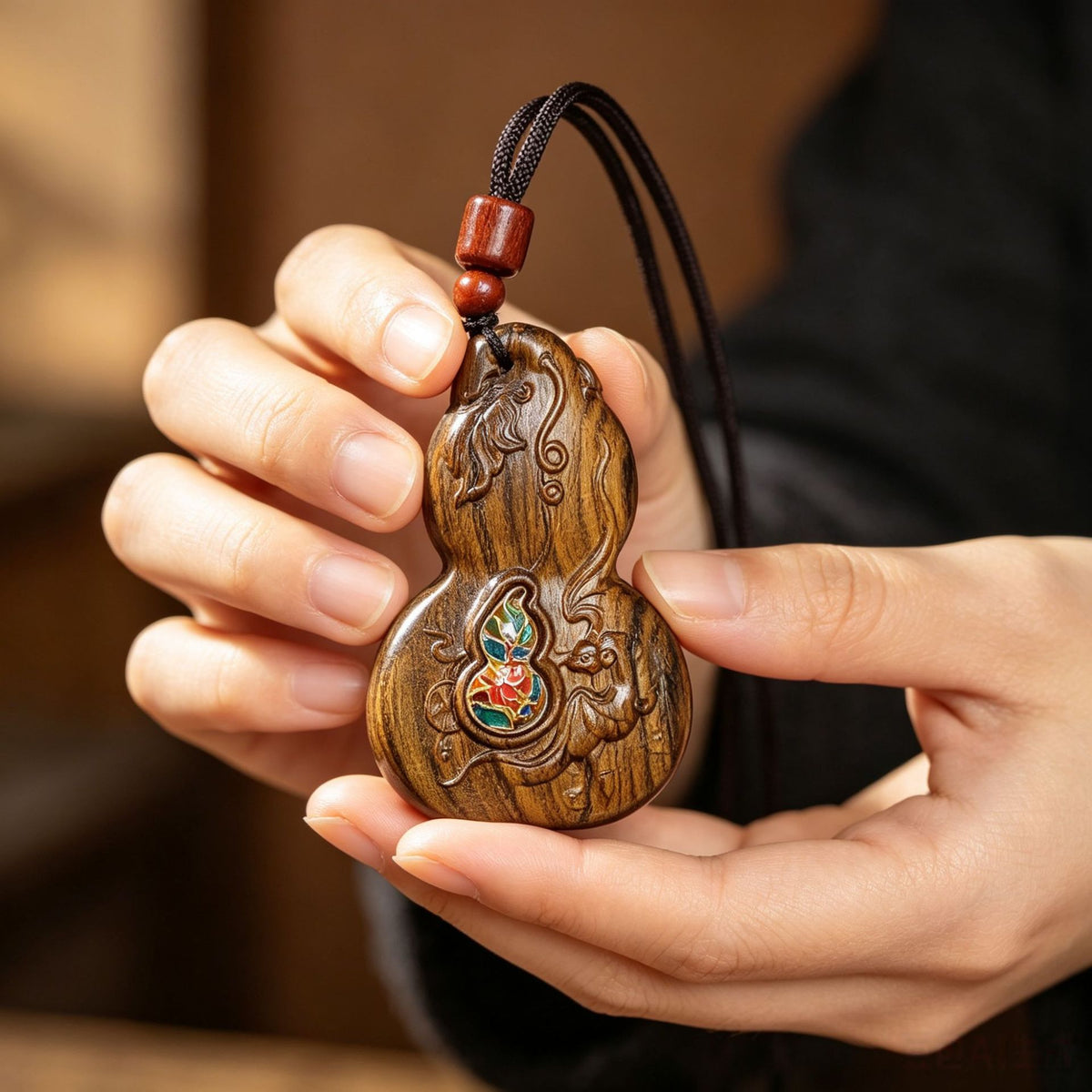 Chenxiang wood gourd-shaped Chinese auspicious pendant with colorful inset detail