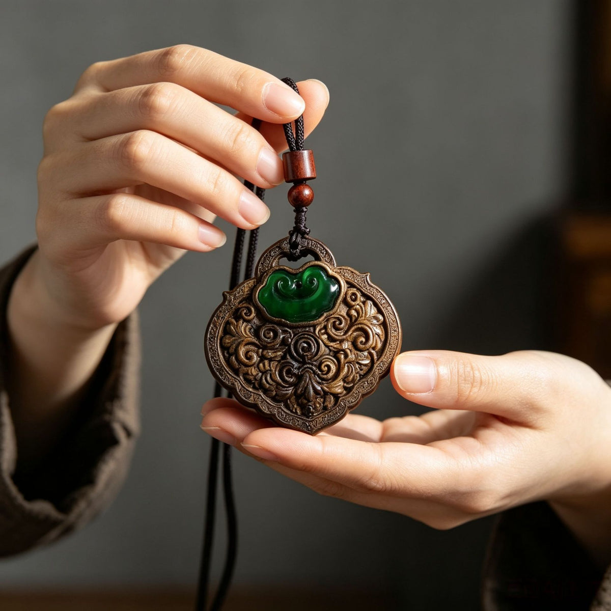 Chenxiang wood carved round Ruyi-style pendant with green inset ornament