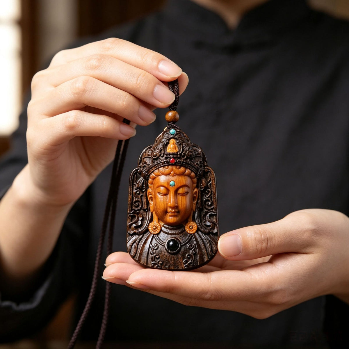 Chenxiang wood carved Guanyin face pendant with warm-tone and turquoise-style inlay