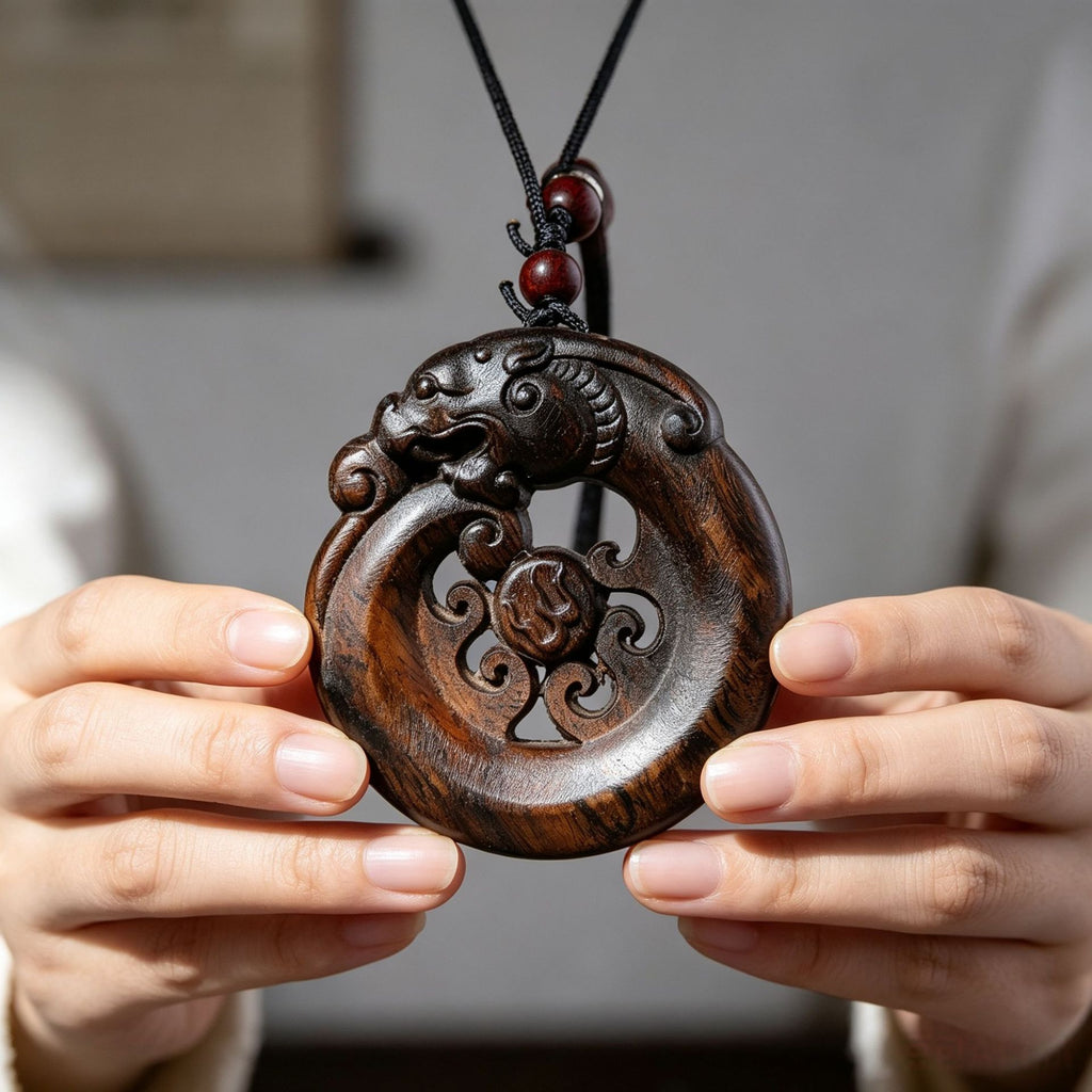 Chenxiang wood openwork Pixiu round peace buckle pendant with carved cloud motif