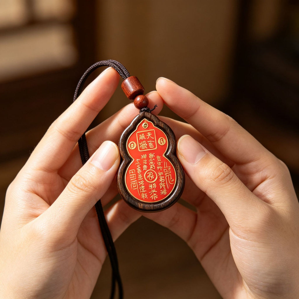 Chenxiang wood gourd pendant with red Chinese talisman-style inlay and woven cord
