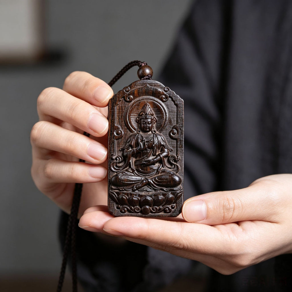 Chenxiang wood seated lotus Buddha pendant with carved halo and cloud border