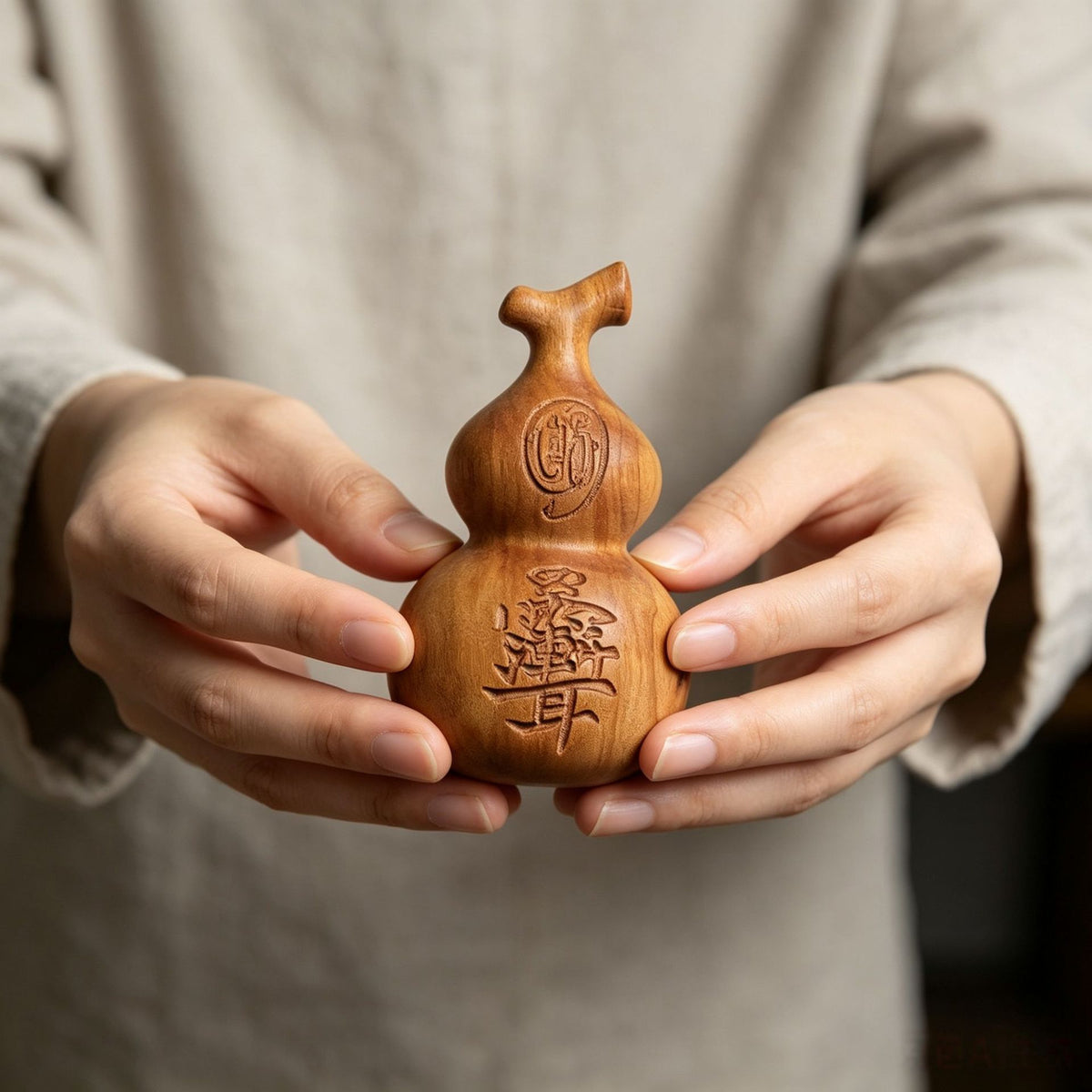 Warm-tone carved wood Chinese gourd ornament with engraved auspicious characters for display or symbolic gifting