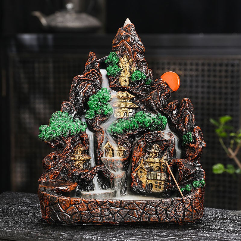Ancient Temple at Sunset mountain landscape backflow incense burner with pagodas and red sun