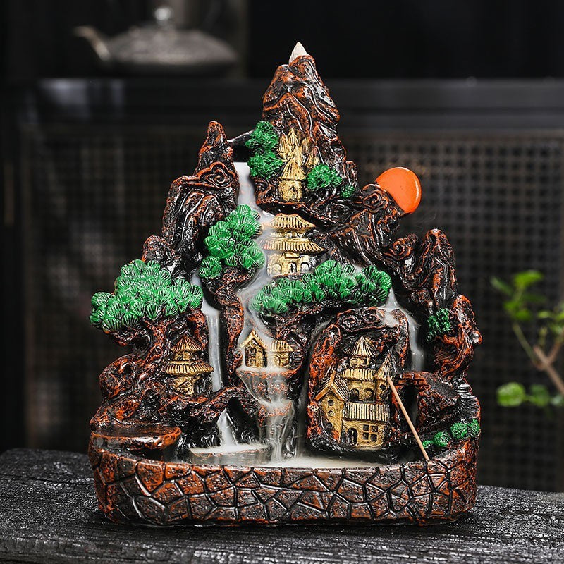 Ancient temple mountain incense waterfall alternate view with pines and red sun