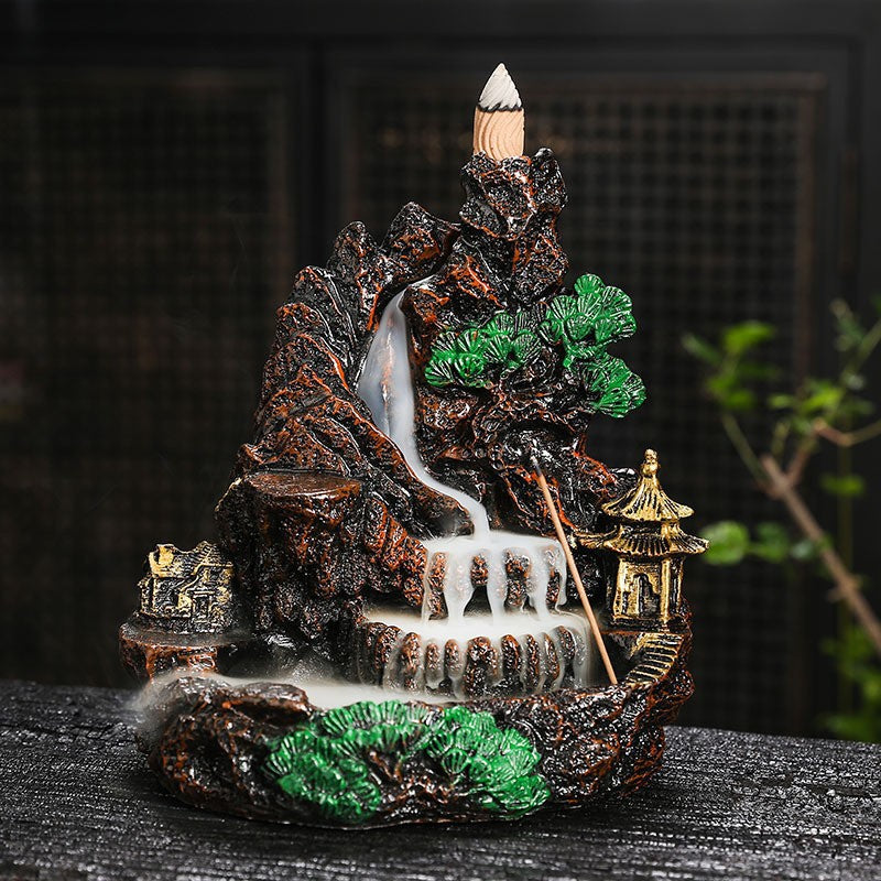 Four Seas Riverside Chinese mountain landscape backflow incense burner with bridge and pavilion