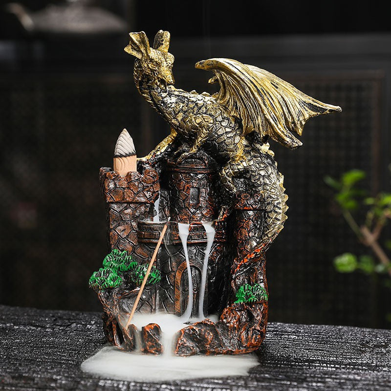 Winged Dragon Castle backflow incense burner with dragon sculpture and waterfall
