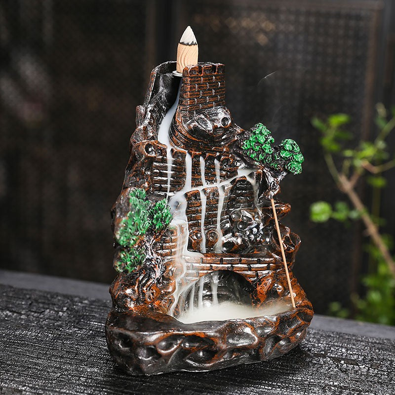 Great Wall Cascade mountain backflow incense burner with wall towers and waterfall