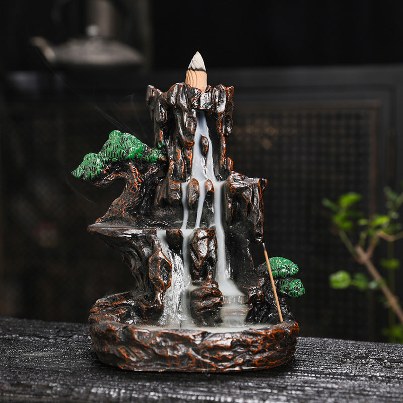 High Mountain Blessing backflow incense burner with pine tree and layered waterfall