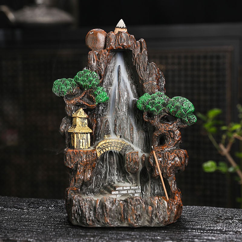 Arched Bridge Mountain backflow incense burner with pavilion, bridge and waterfall