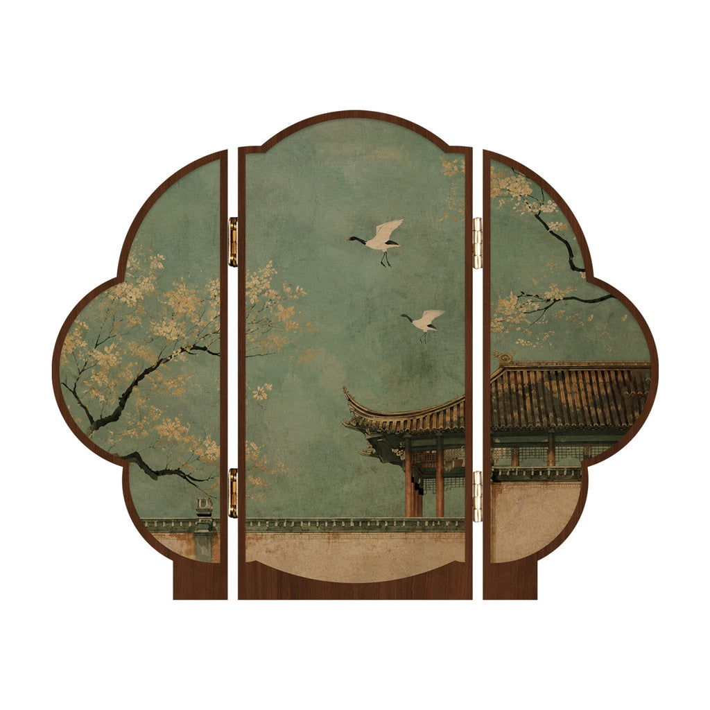 Chinese tabletop folding screen with pavilion and returning cranes