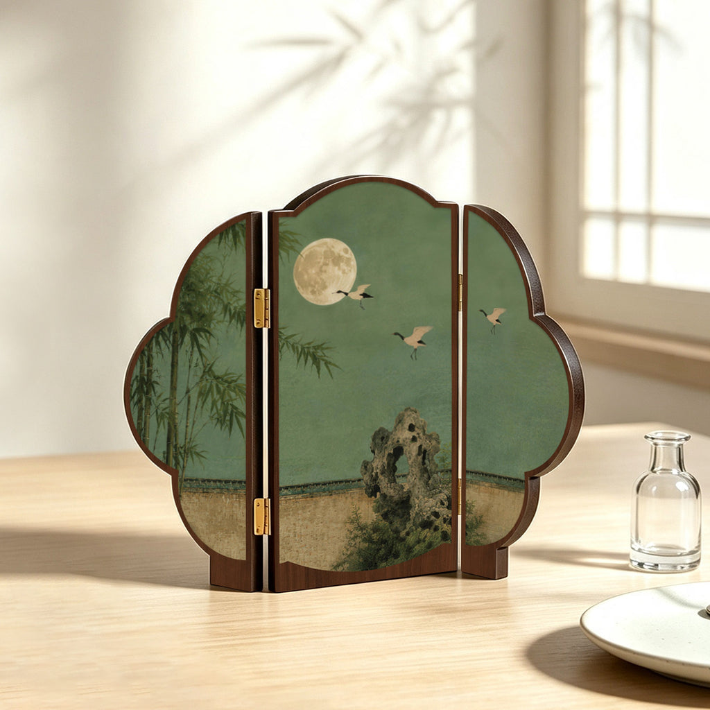 Moonlit crane miniature folding screen in New Chinese style